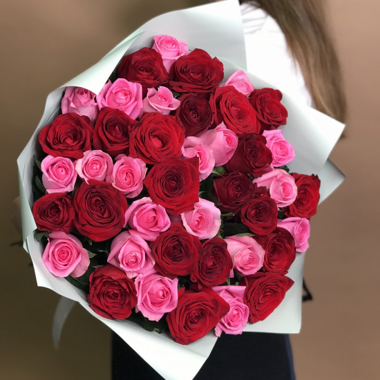 Розы Букет из красных и розовых роз 41 шт. (60 см)