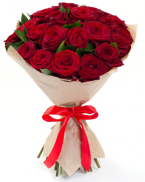 Букеты из роз Букет из 25 красных роз 60 см с зеленью