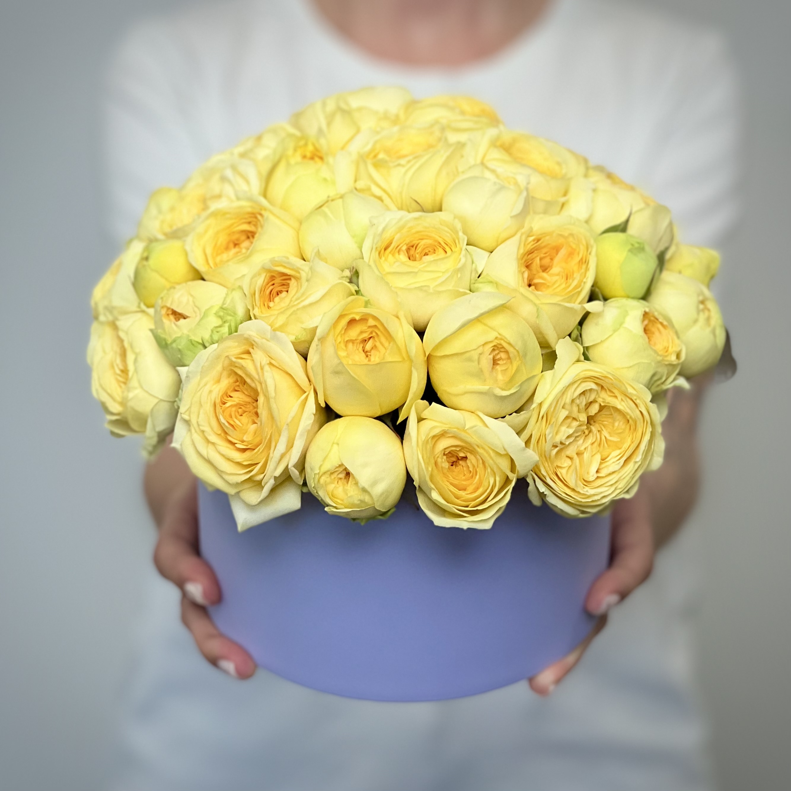 Желтые кустовые пионовидные розы в коробке S желтые кустовые розы в корзине xs