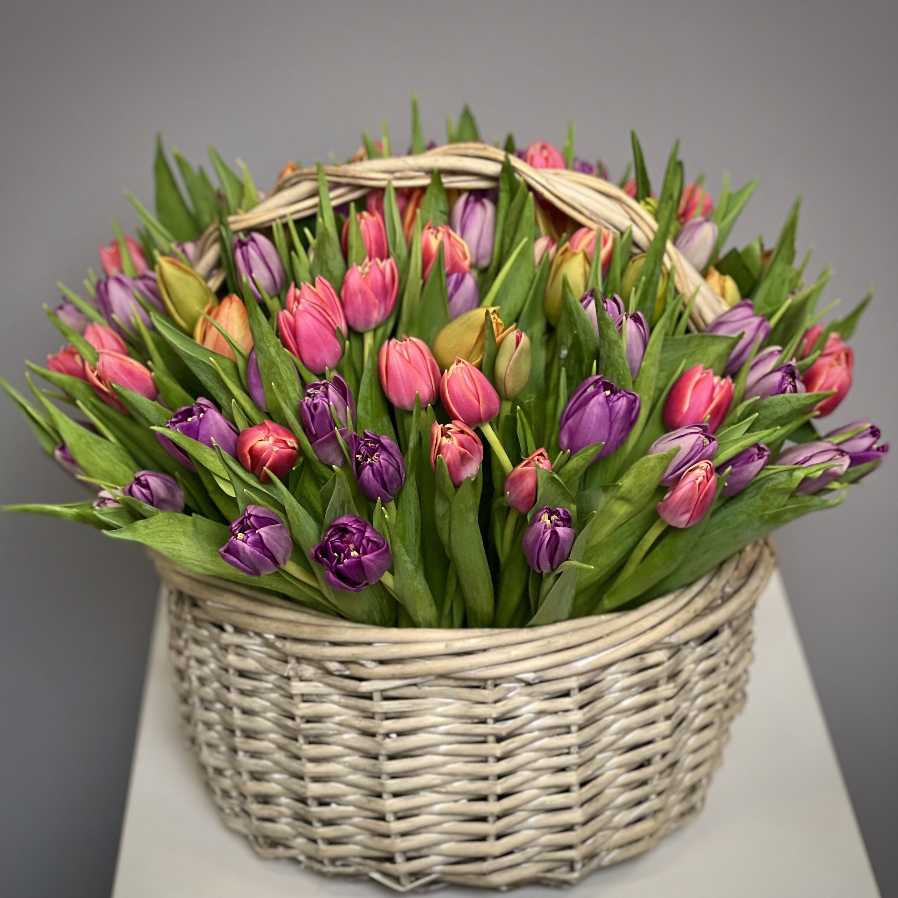 Тюльпаны Корзина из 51 пионовидного тюльпана (микс)