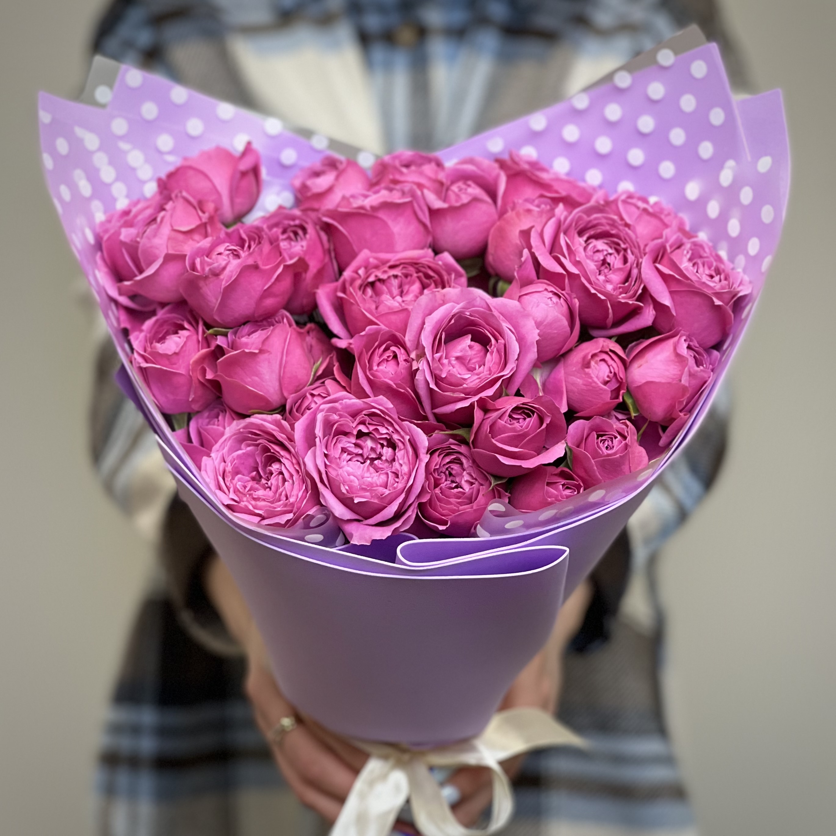 Букет из 15 малиновых кустовых пионовидных роз букет из 29 кустовых малиновых роз
