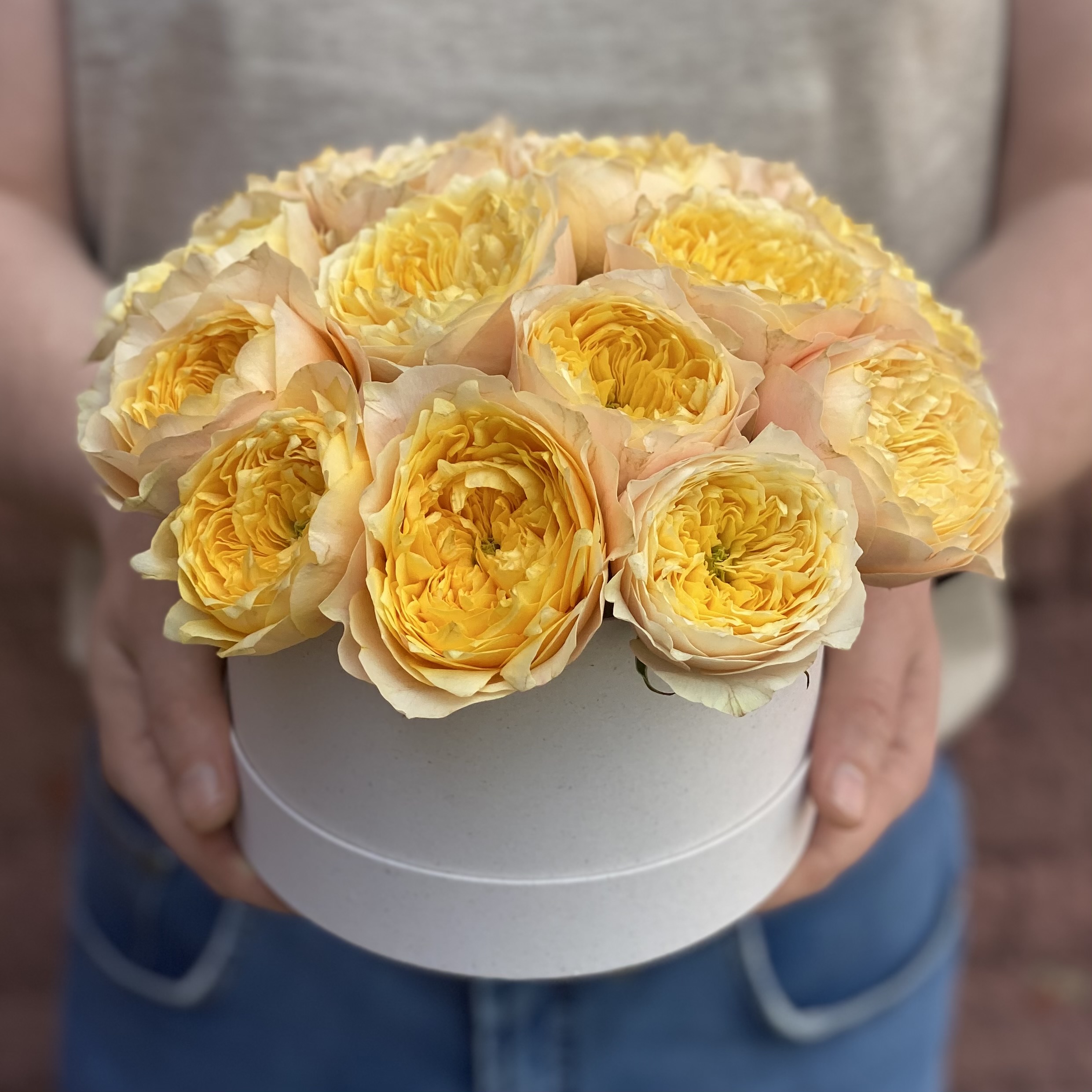 Пионовидная роза Желтые пионовидные розы в шляпной коробке