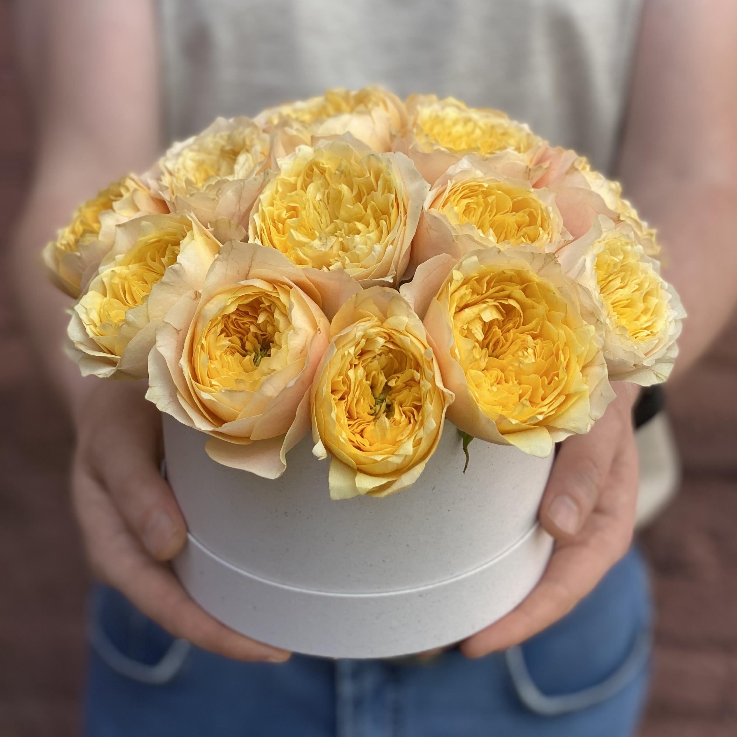 Пионовидная роза Желтые пионовидные розы в шляпной коробке